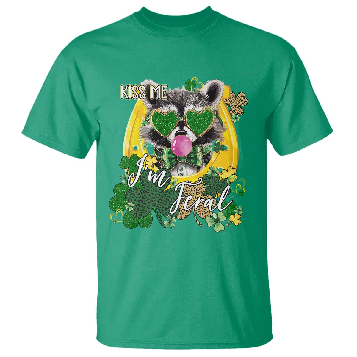 Funny St Patrick's Day Racoon T Shirt Kiss Me I'm Feral Horseshoe Shamrock TS11 Irish Green Print Your Wear