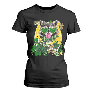 Funny St Patrick's Day Racoon T Shirt For Women Kiss Me I'm Feral Horseshoe Shamrock TS11 Black Print Your Wear
