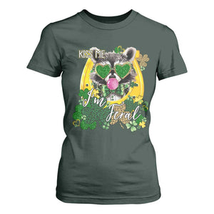 Funny St Patrick's Day Racoon T Shirt For Women Kiss Me I'm Feral Horseshoe Shamrock TS11 Dark Forest Green Print Your Wear