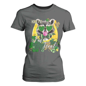 Funny St Patrick's Day Racoon T Shirt For Women Kiss Me I'm Feral Horseshoe Shamrock TS11 Dark Heather Print Your Wear