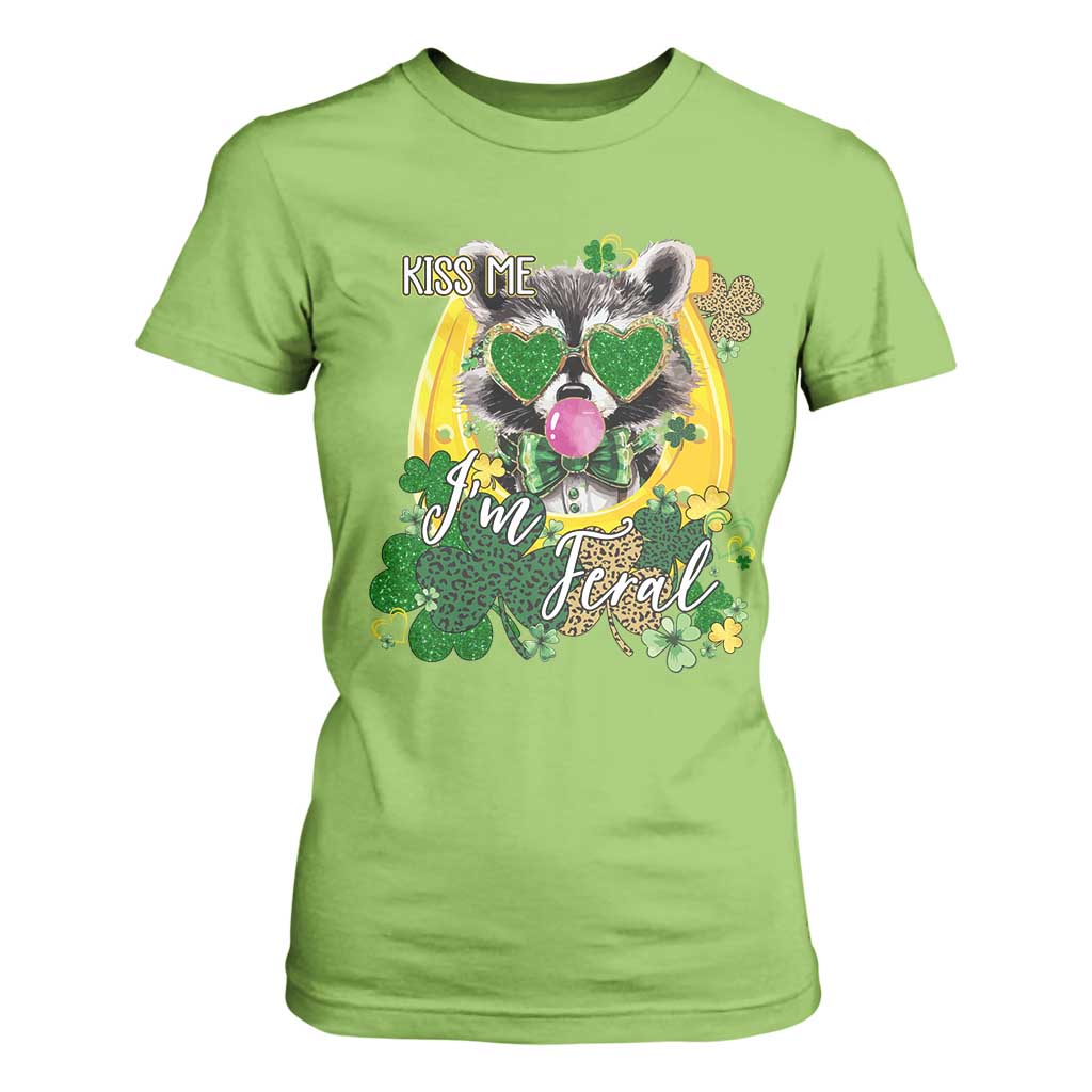 Funny St Patrick's Day Racoon T Shirt For Women Kiss Me I'm Feral Horseshoe Shamrock TS11 Lime Print Your Wear