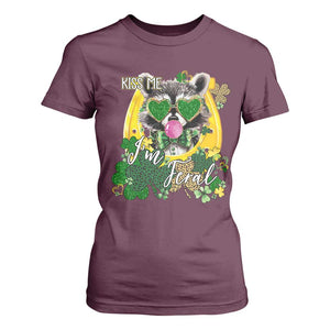 Funny St Patrick's Day Racoon T Shirt For Women Kiss Me I'm Feral Horseshoe Shamrock TS11 Maroon Print Your Wear