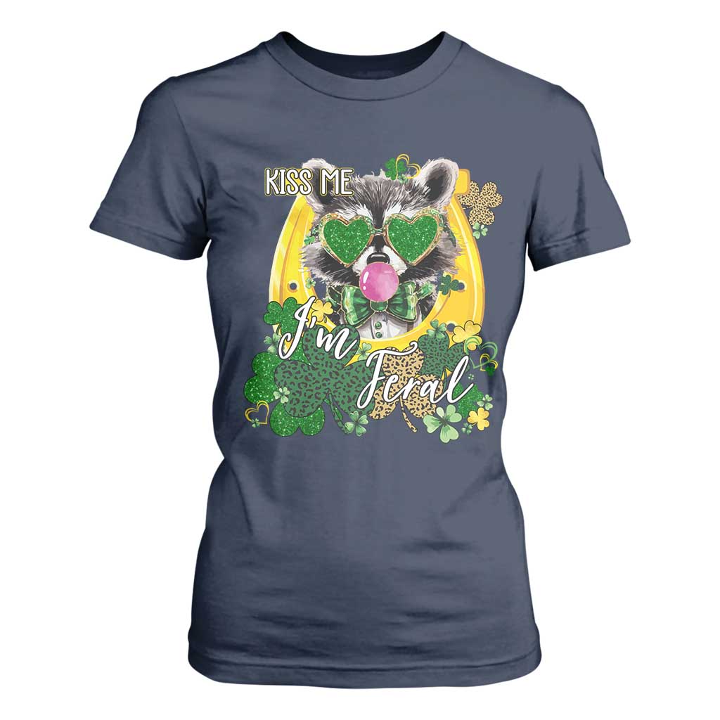 Funny St Patrick's Day Racoon T Shirt For Women Kiss Me I'm Feral Horseshoe Shamrock TS11 Navy Print Your Wear