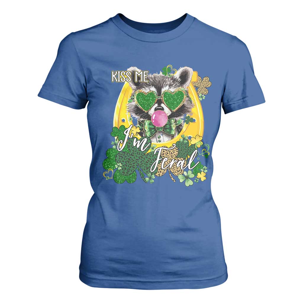 Funny St Patrick's Day Racoon T Shirt For Women Kiss Me I'm Feral Horseshoe Shamrock TS11 Royal Blue Print Your Wear