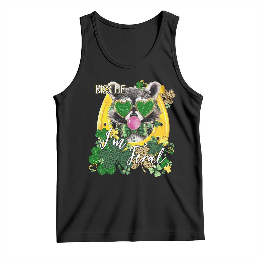 Funny St Patrick's Day Racoon Tank Top Kiss Me I'm Feral Horseshoe Shamrock TS11 Black Print Your Wear