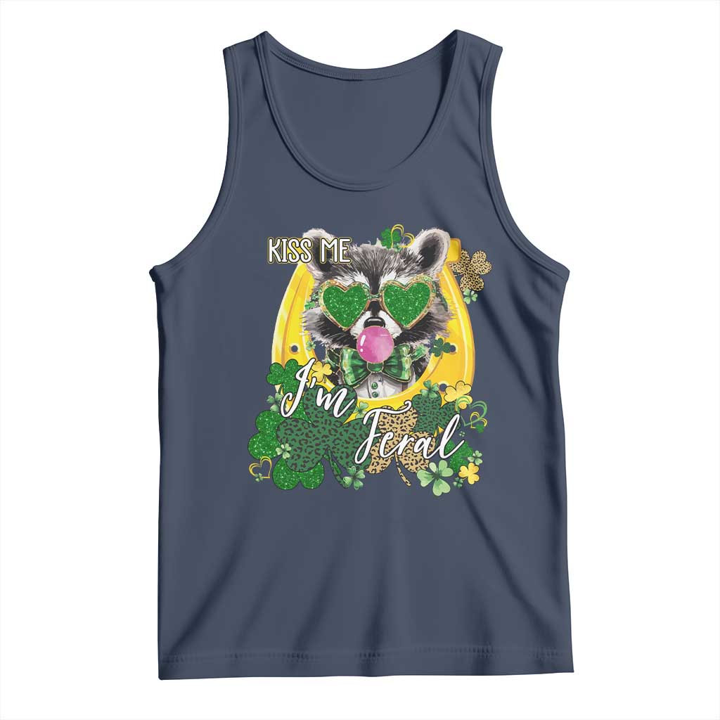 Funny St Patrick's Day Racoon Tank Top Kiss Me I'm Feral Horseshoe Shamrock TS11 Navy Print Your Wear