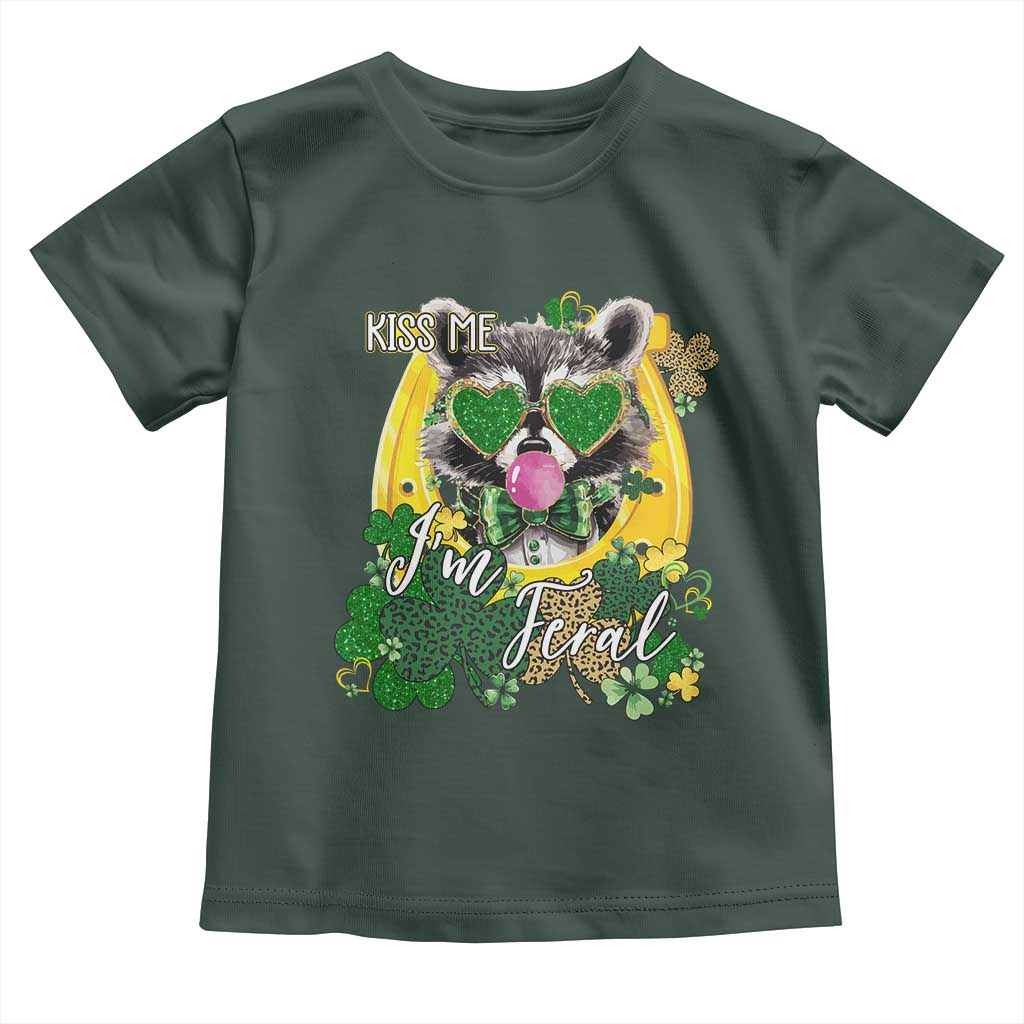 Funny St Patrick's Day Racoon Toddler T Shirt Kiss Me I'm Feral Horseshoe Shamrock TS11 Dark Forest Green Print Your Wear