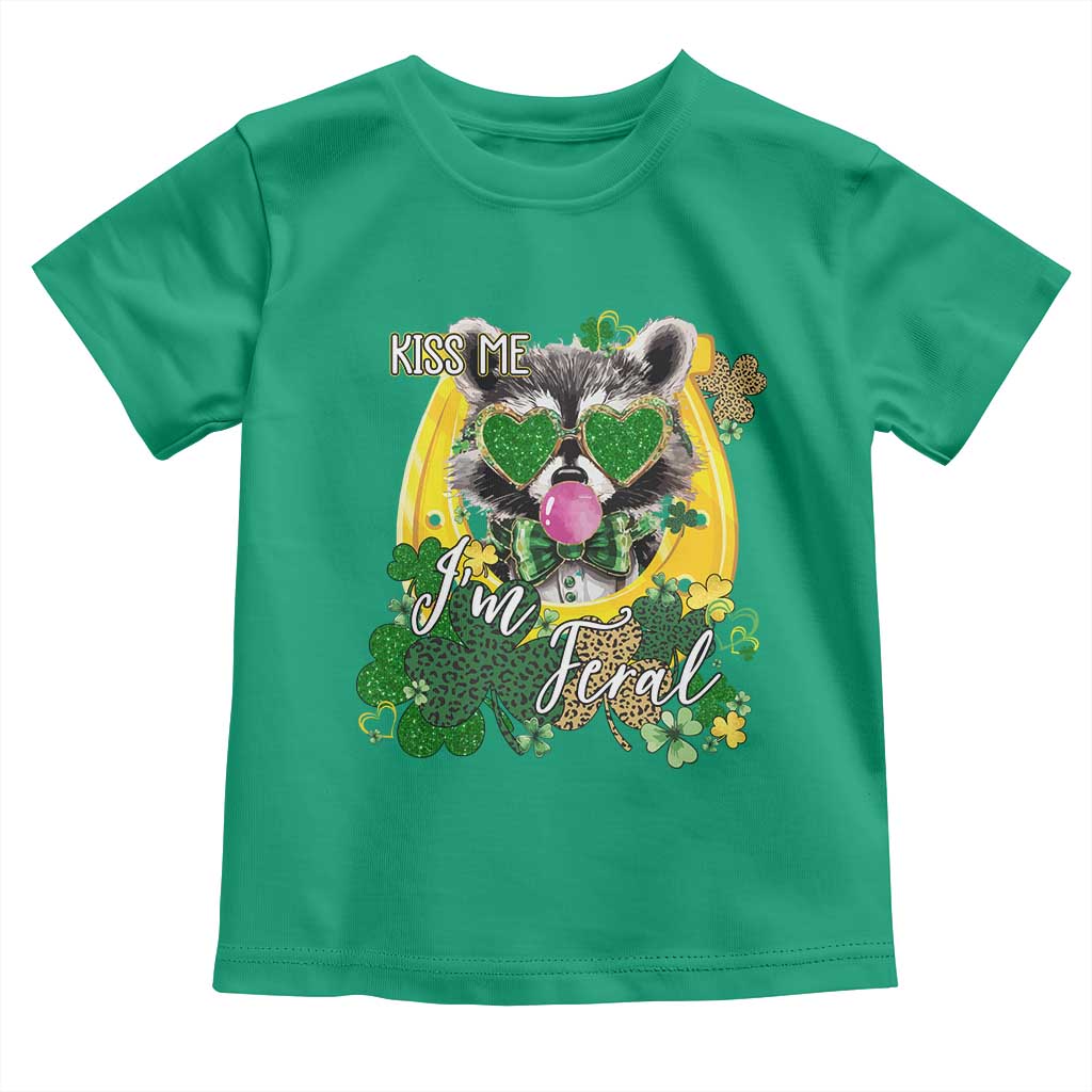 Funny St Patrick's Day Racoon Toddler T Shirt Kiss Me I'm Feral Horseshoe Shamrock TS11 Irish Green Print Your Wear