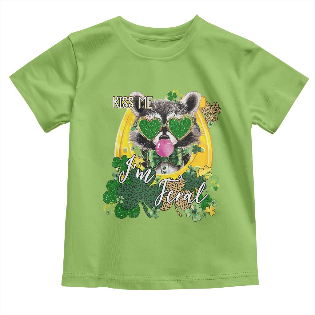 Funny St Patrick's Day Racoon Toddler T Shirt Kiss Me I'm Feral Horseshoe Shamrock TS11 Lime Print Your Wear