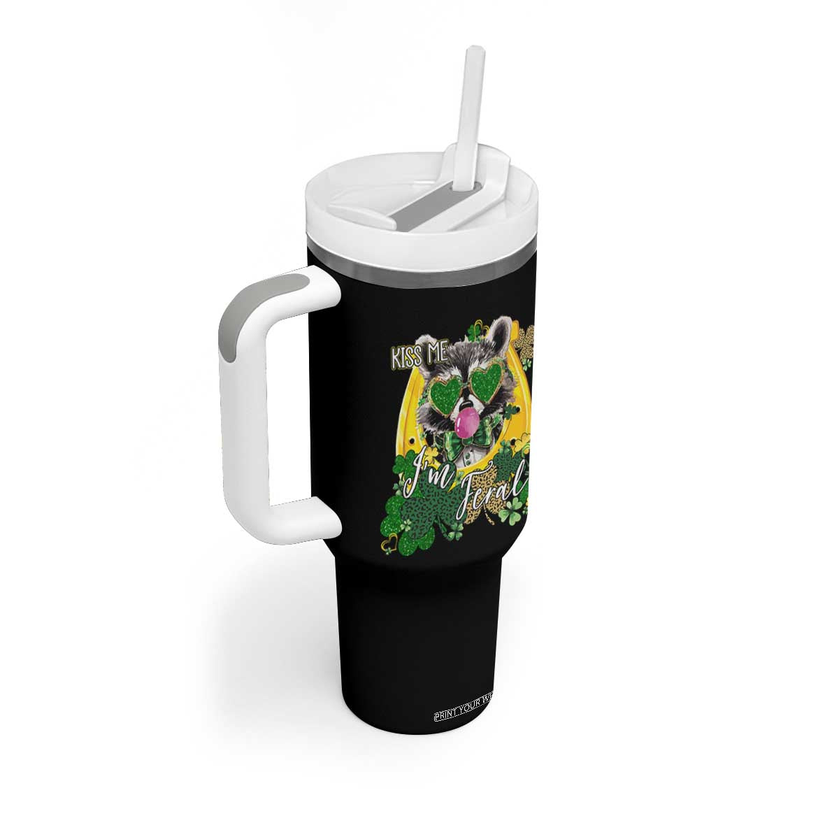 Funny St Patrick's Day Racoon Tumbler With Handle Kiss Me I'm Feral Horseshoe Shamrock TS11 Print Your Wear