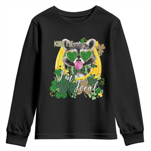 Funny St Patrick's Day Racoon Youth Sweatshirt Kiss Me I'm Feral Horseshoe Shamrock TS11 Black Print Your Wear