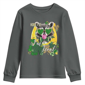 Funny St Patrick's Day Racoon Youth Sweatshirt Kiss Me I'm Feral Horseshoe Shamrock TS11 Dark Heather Print Your Wear