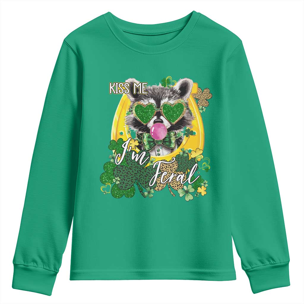Funny St Patrick's Day Racoon Youth Sweatshirt Kiss Me I'm Feral Horseshoe Shamrock TS11 Irish Green Print Your Wear