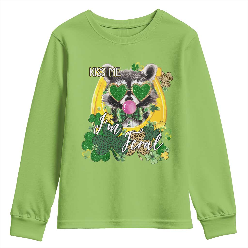 Funny St Patrick's Day Racoon Youth Sweatshirt Kiss Me I'm Feral Horseshoe Shamrock TS11 Lime Print Your Wear