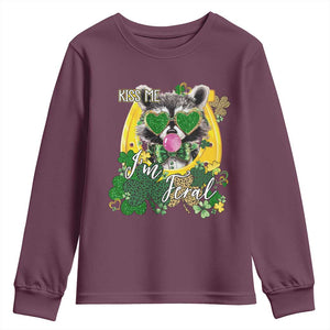 Funny St Patrick's Day Racoon Youth Sweatshirt Kiss Me I'm Feral Horseshoe Shamrock TS11 Maroon Print Your Wear