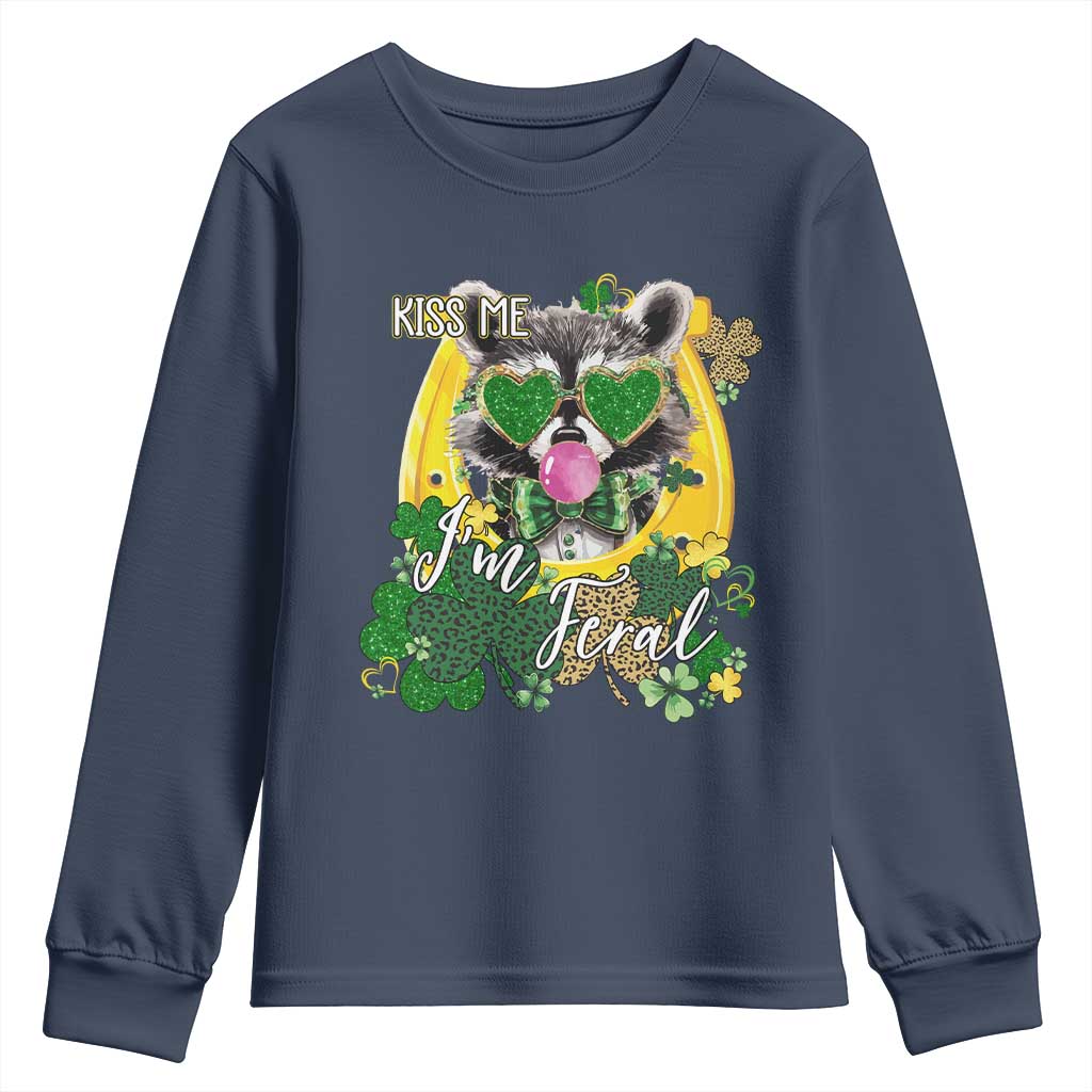 Funny St Patrick's Day Racoon Youth Sweatshirt Kiss Me I'm Feral Horseshoe Shamrock TS11 Navy Print Your Wear