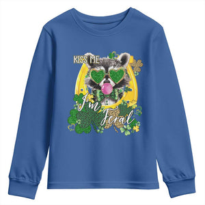 Funny St Patrick's Day Racoon Youth Sweatshirt Kiss Me I'm Feral Horseshoe Shamrock TS11 Royal Blue Print Your Wear