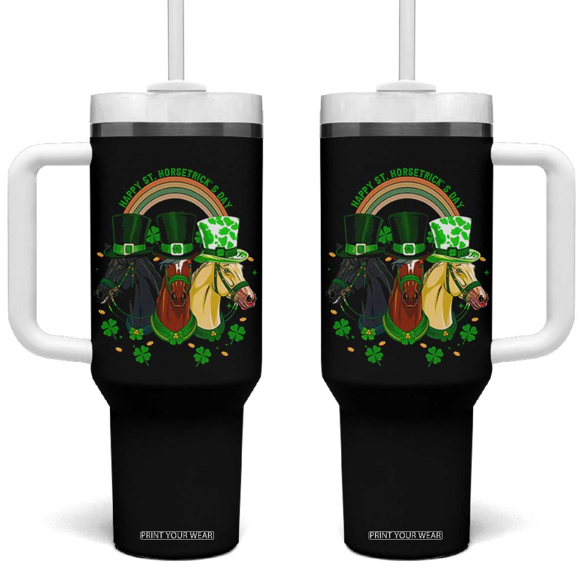 Funny St Patrick's Day Horse Tumbler With Handle Happy St Horsetrick's Day Shamrock TS11 One Size: 40 oz Black Print Your Wear