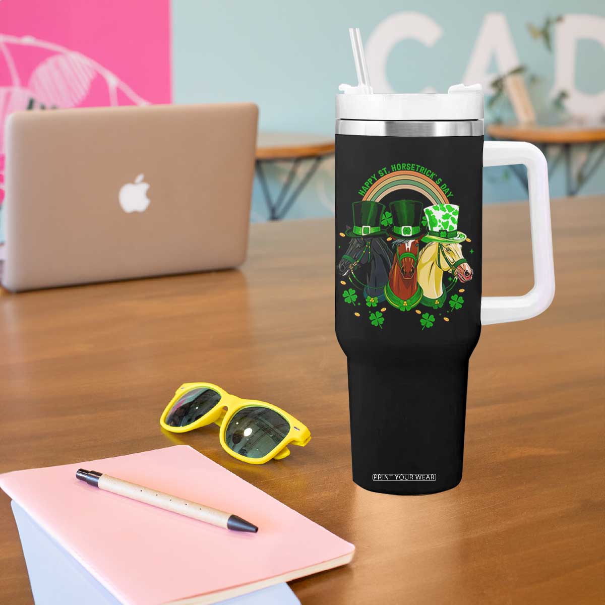 Funny St Patrick's Day Horse Tumbler With Handle Happy St Horsetrick's Day Shamrock TS11 Print Your Wear