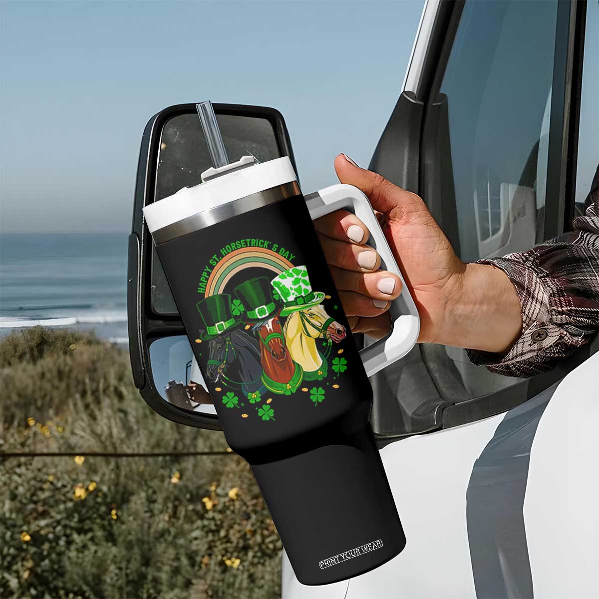 Funny St Patrick's Day Horse Tumbler With Handle Happy St Horsetrick's Day Shamrock TS11 Print Your Wear