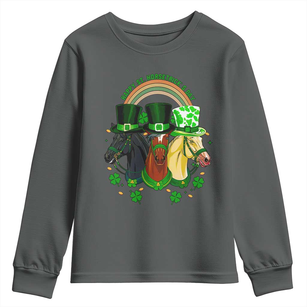 Funny St Patrick's Day Horse Youth Sweatshirt Happy St Horsetrick's Day Shamrock TS11 Dark Heather Print Your Wear