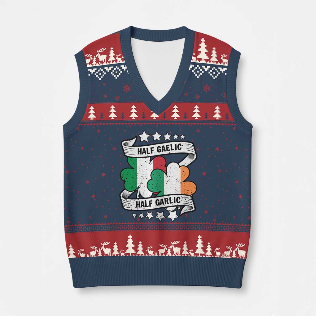 Funny Half Gaelic Half Garlic V-Neck Knit Sweater Vest Irish Italian St. Patrick's Day TS11 Navy Red Print Your Wear