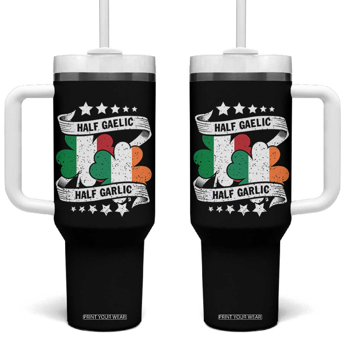Funny Half Gaelic Half Garlic Tumbler With Handle Irish Italian St. Patrick's Day TS11 One Size: 40 oz Black Print Your Wear