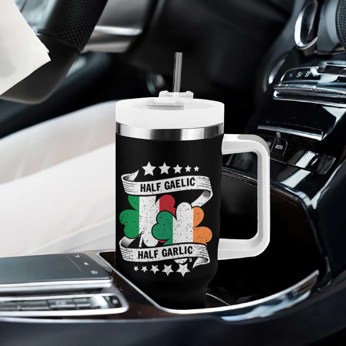 Funny Half Gaelic Half Garlic Tumbler With Handle Irish Italian St. Patrick's Day TS11 Print Your Wear