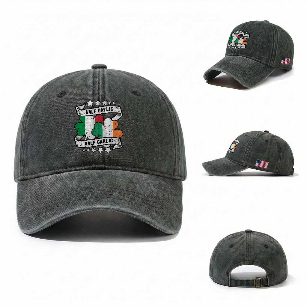 Funny Half Gaelic Half Garlic Washed Cotton Baseball Cap Irish Italian St. Patrick's Day TS11 Washed Cap Universal Fit Dark Green Print Your Wear