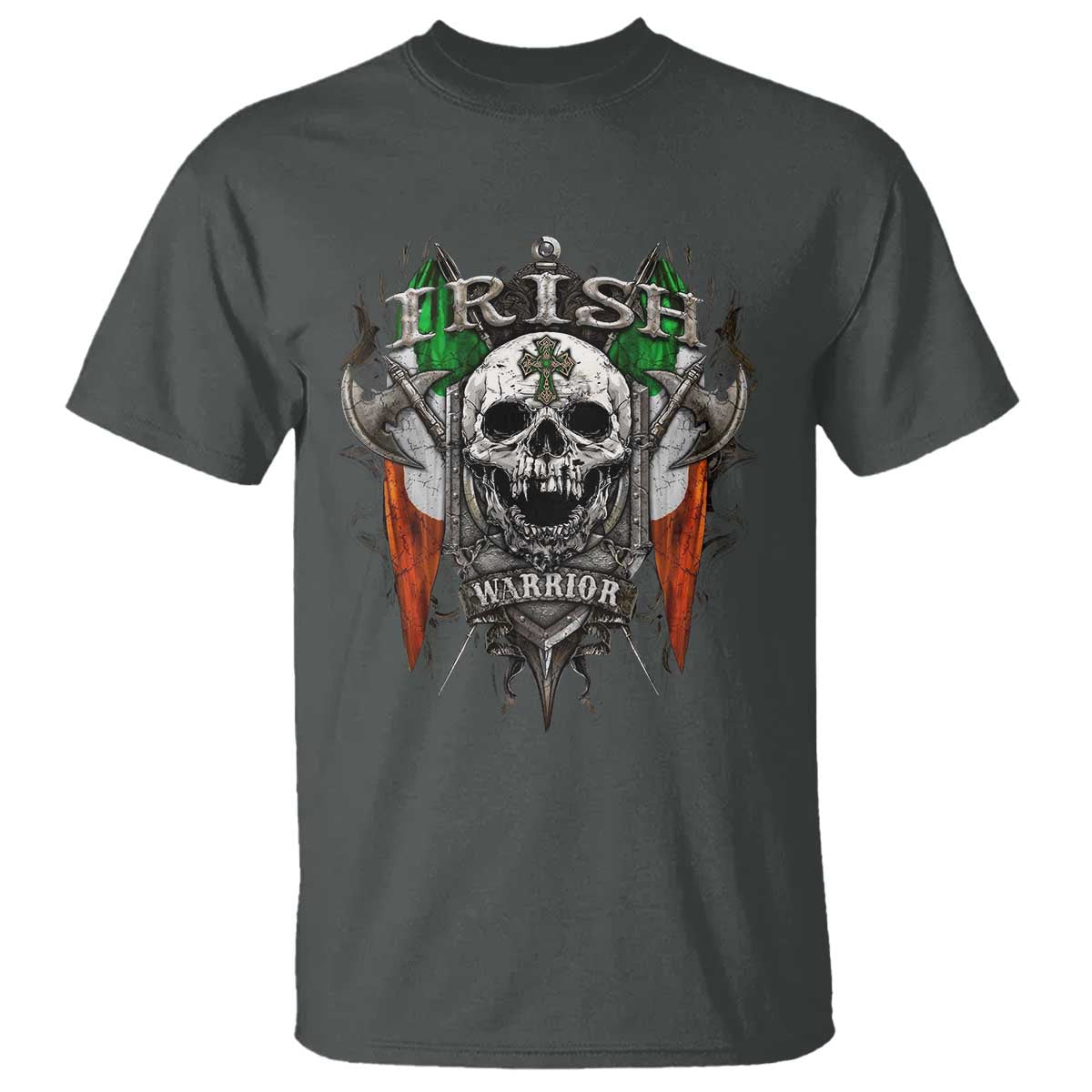 Funny Irish Warrior T Shirt Vintage Skull Celtic Cross Ireland Flag TS11 Dark Heather Print Your Wear