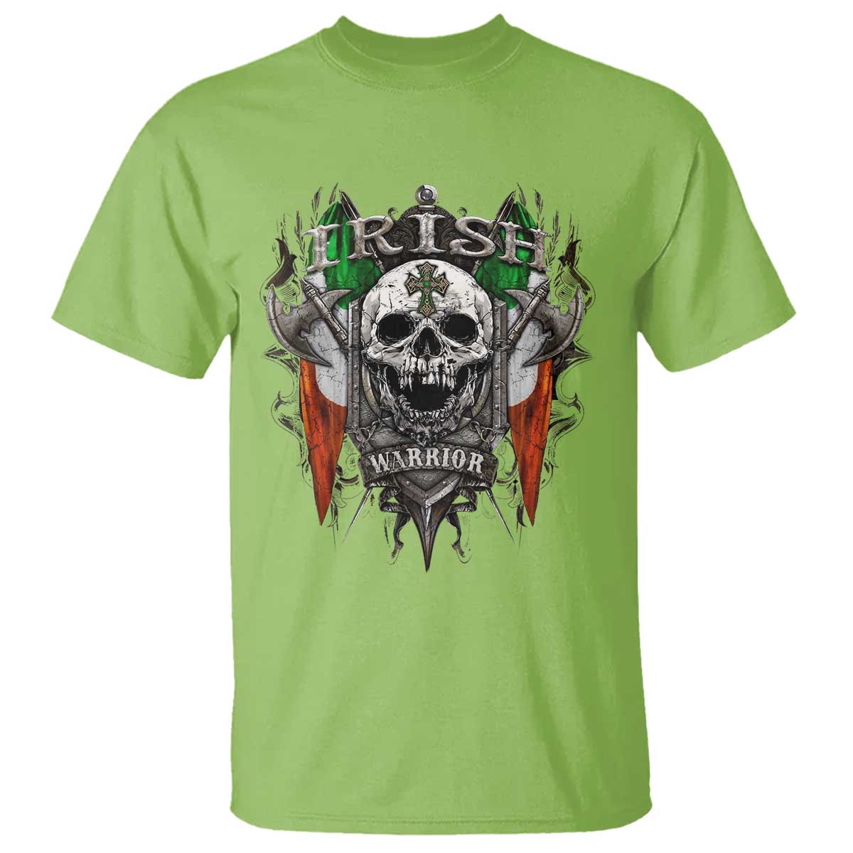 Funny Irish Warrior T Shirt Vintage Skull Celtic Cross Ireland Flag TS11 Lime Print Your Wear