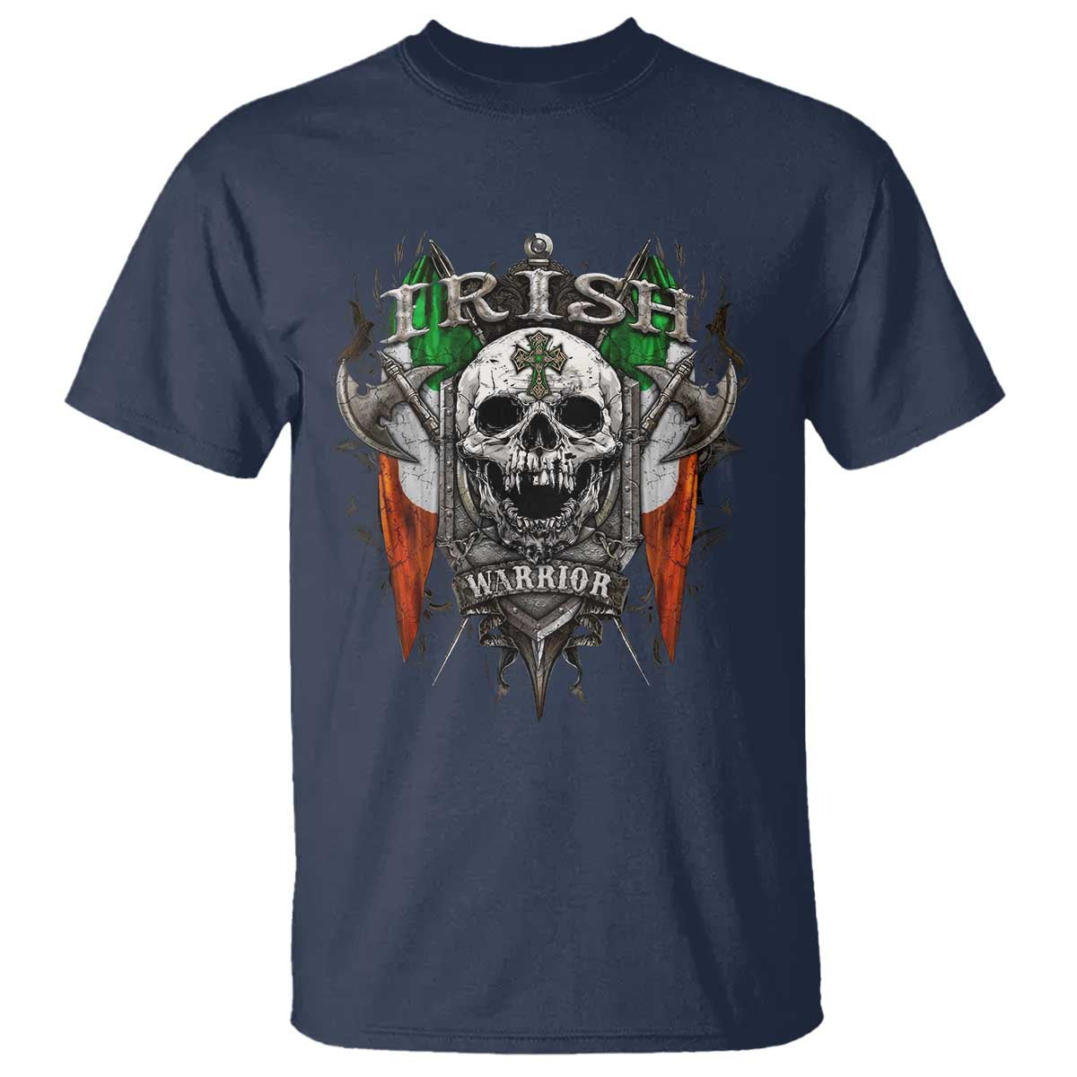 Funny Irish Warrior T Shirt Vintage Skull Celtic Cross Ireland Flag TS11 Navy Print Your Wear