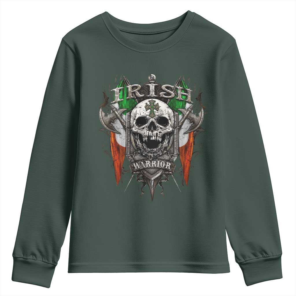 Funny Irish Warrior Youth Sweatshirt Vintage Skull Celtic Cross Ireland Flag TS11 Dark Forest Green Print Your Wear
