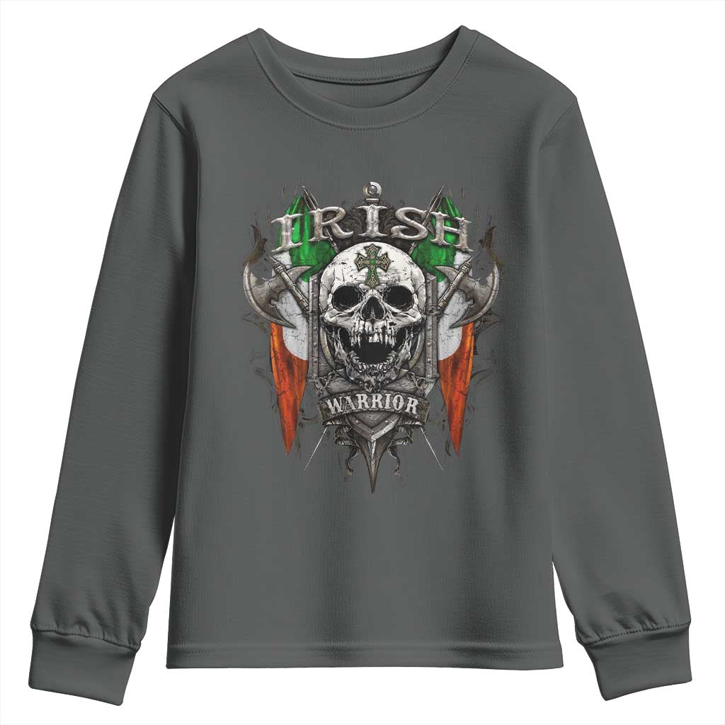 Funny Irish Warrior Youth Sweatshirt Vintage Skull Celtic Cross Ireland Flag TS11 Dark Heather Print Your Wear