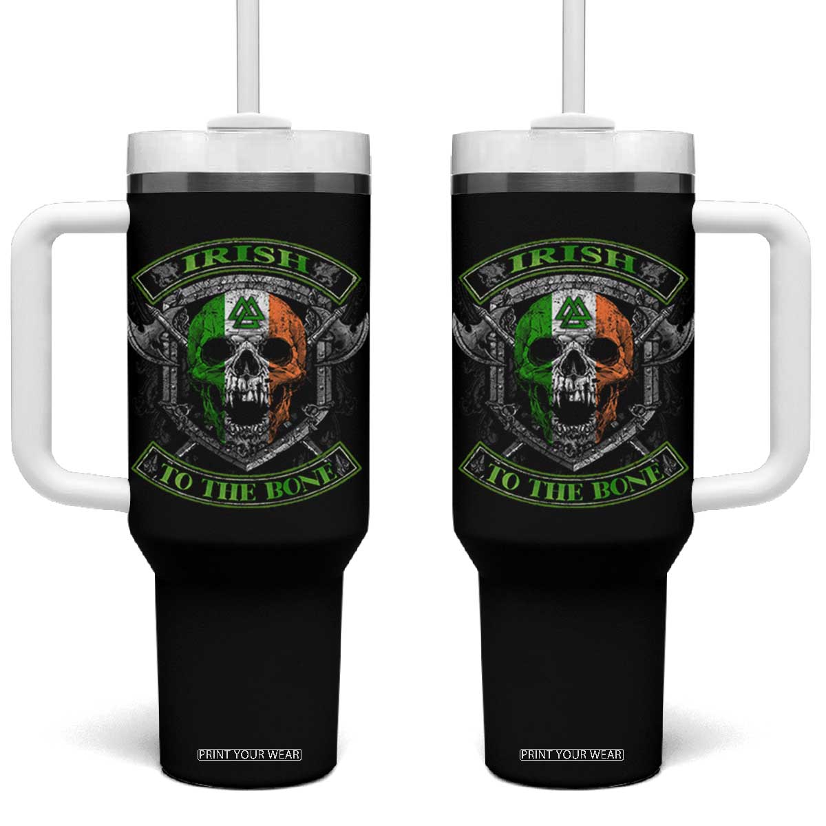 Irish Viking Tumbler With Handle Irish To The Bone Vintage Ireland Flag Skull TS11 One Size: 40 oz Black Print Your Wear
