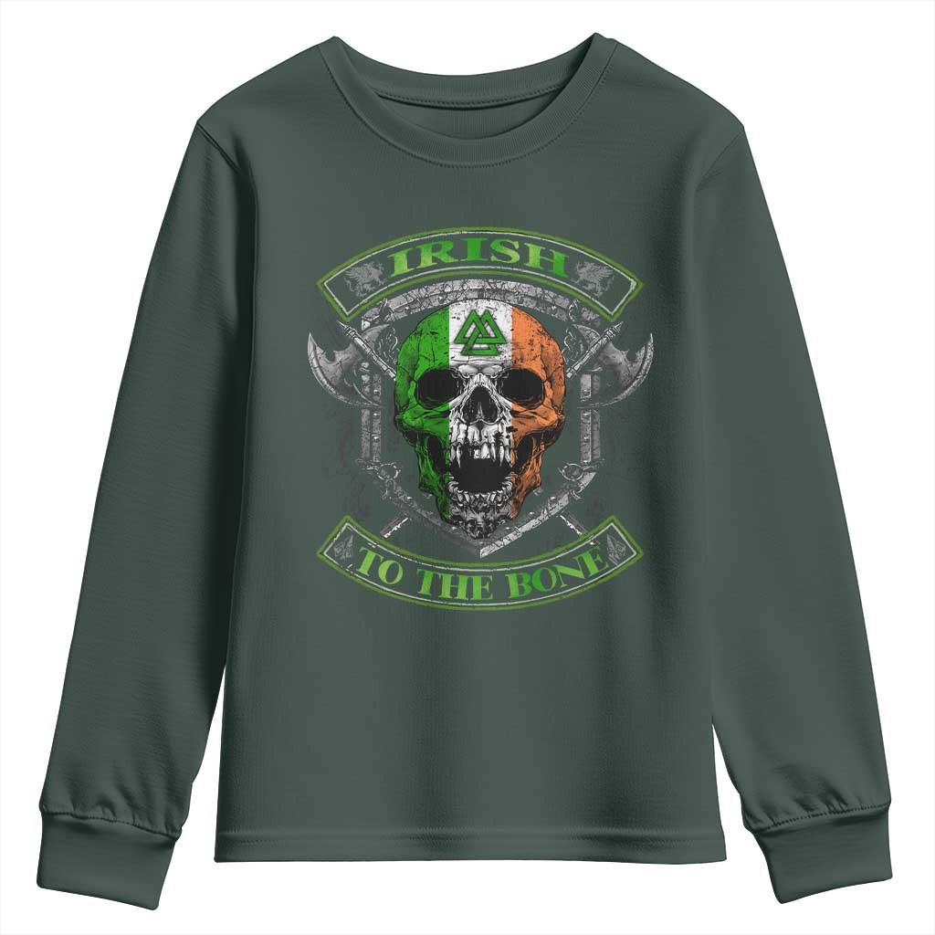 Irish Viking Youth Sweatshirt Irish To The Bone Vintage Ireland Flag Skull TS11 Dark Forest Green Print Your Wear