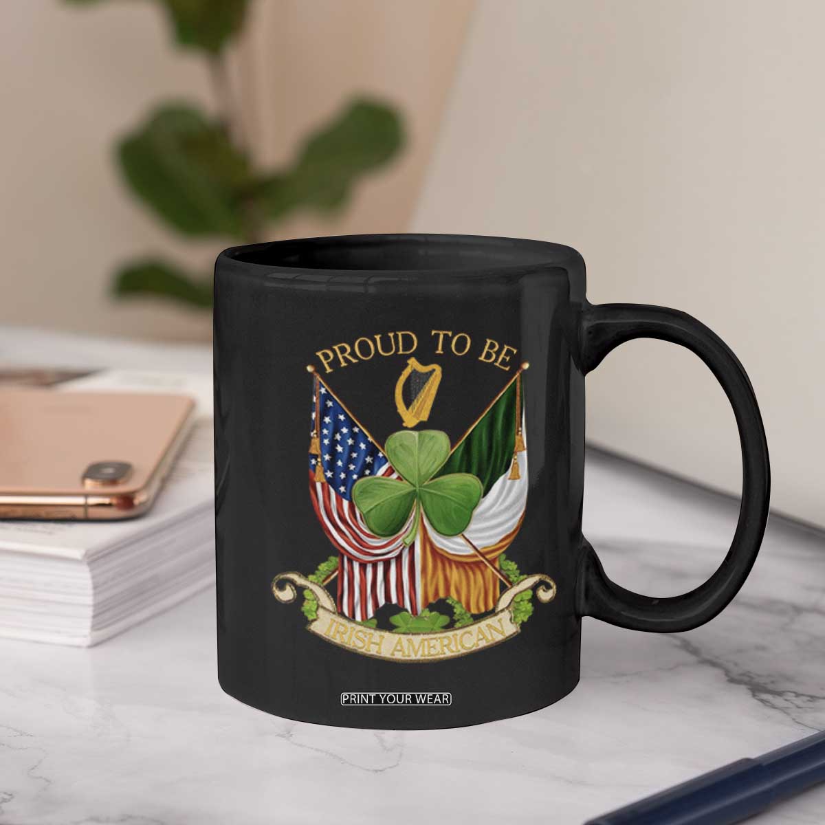Proud To Be Irish American Coffee Mug Vintage Ireland USA Flag Shamrock Harp TS11 Print Your Wear