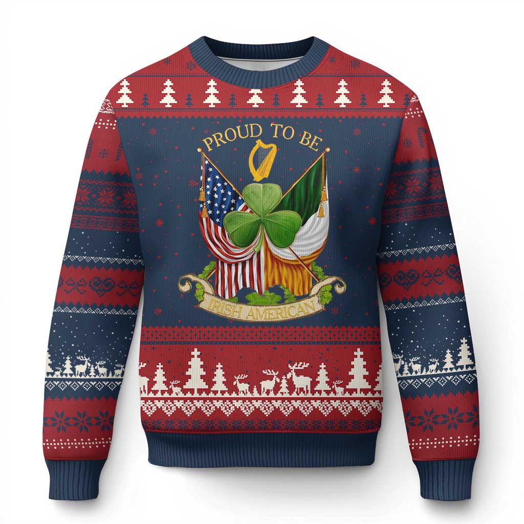 Proud To Be Irish American Ugly Christmas Sweater Vintage Ireland USA Flag Shamrock Harp TS11 Navy Red Print Your Wear