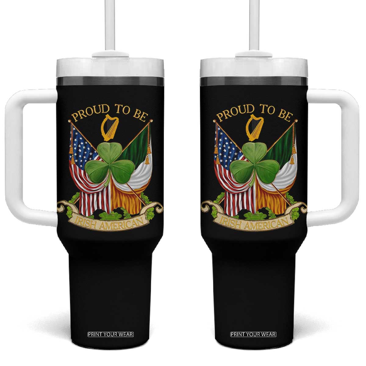 Proud To Be Irish American Tumbler With Handle Vintage Ireland USA Flag Shamrock Harp TS11 One Size: 40 oz Black Print Your Wear