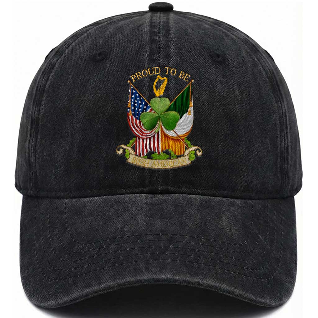 Proud To Be Irish American Washed Cotton Baseball Cap Vintage Ireland USA Flag Shamrock Harp TS11 Print Your Wear