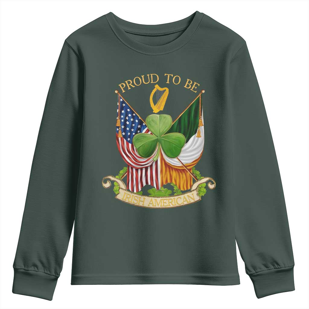 Proud To Be Irish American Youth Sweatshirt Vintage Ireland USA Flag Shamrock Harp TS11 Dark Forest Green Print Your Wear
