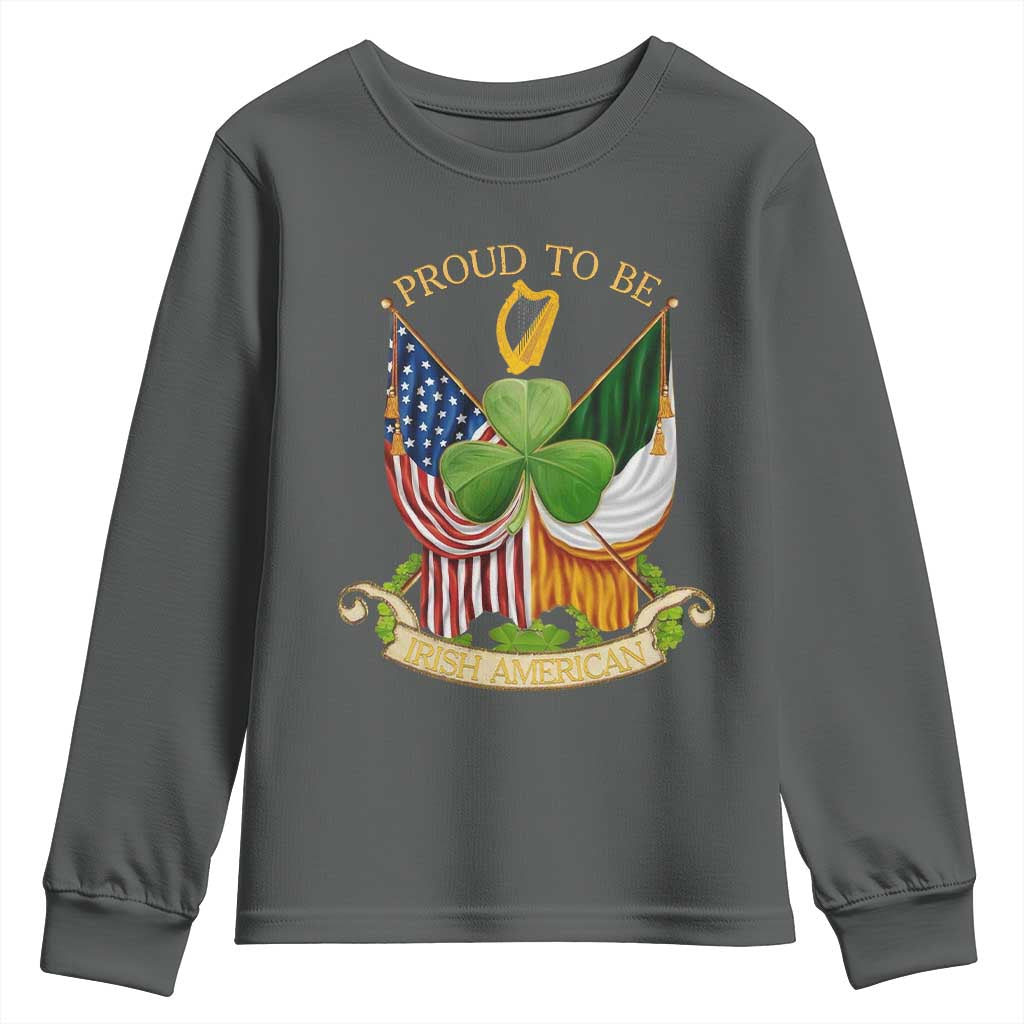 Proud To Be Irish American Youth Sweatshirt Vintage Ireland USA Flag Shamrock Harp TS11 Dark Heather Print Your Wear