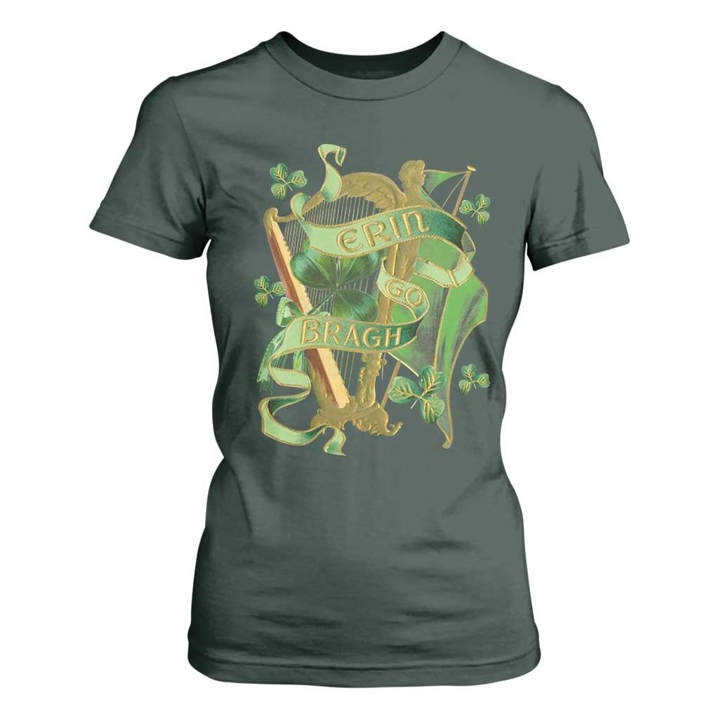 Irish Pride T Shirt For Women Erin Go Bragh Harp Shamrock St Patrick's Day TS11 Dark Forest Green Print Your Wear