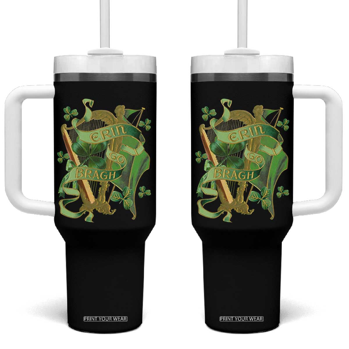 Irish Pride Tumbler With Handle Erin Go Bragh Harp Shamrock St Patrick's Day TS11 One Size: 40 oz Black Print Your Wear