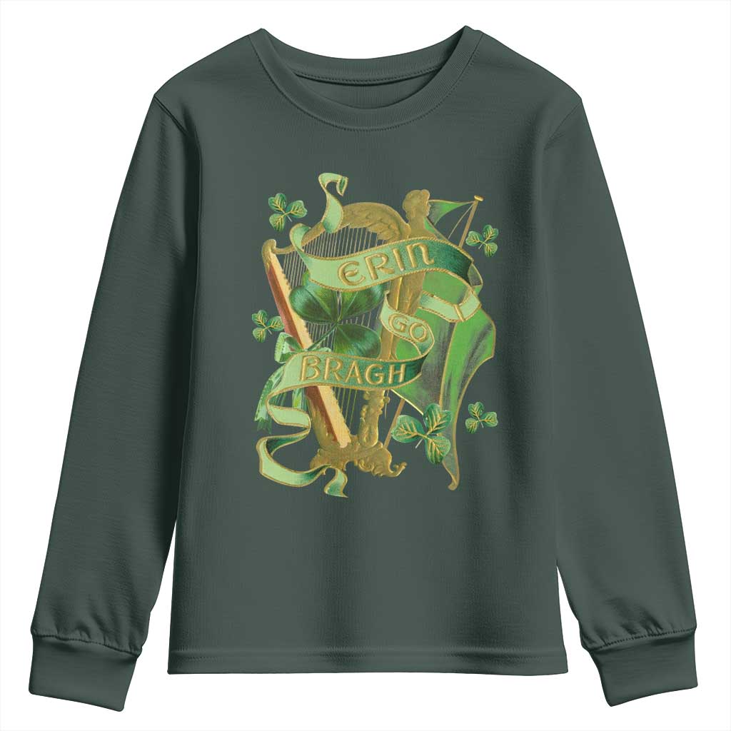 Irish Pride Youth Sweatshirt Erin Go Bragh Harp Shamrock St Patrick's Day TS11 Dark Forest Green Print Your Wear