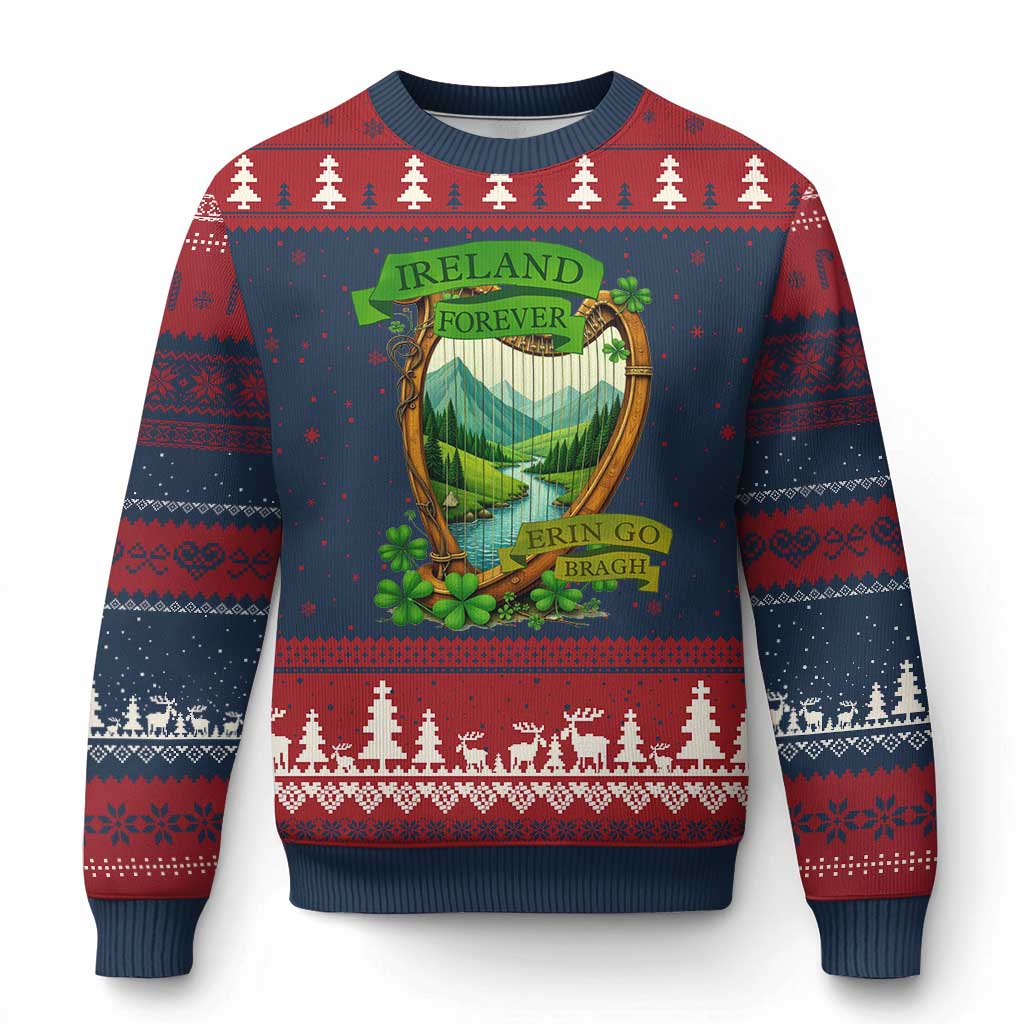 Irish Pride Ugly Christmas Sweater Ireland Forever Erin Go Bragh Harp Shamrock TS11 Navy Red Print Your Wear