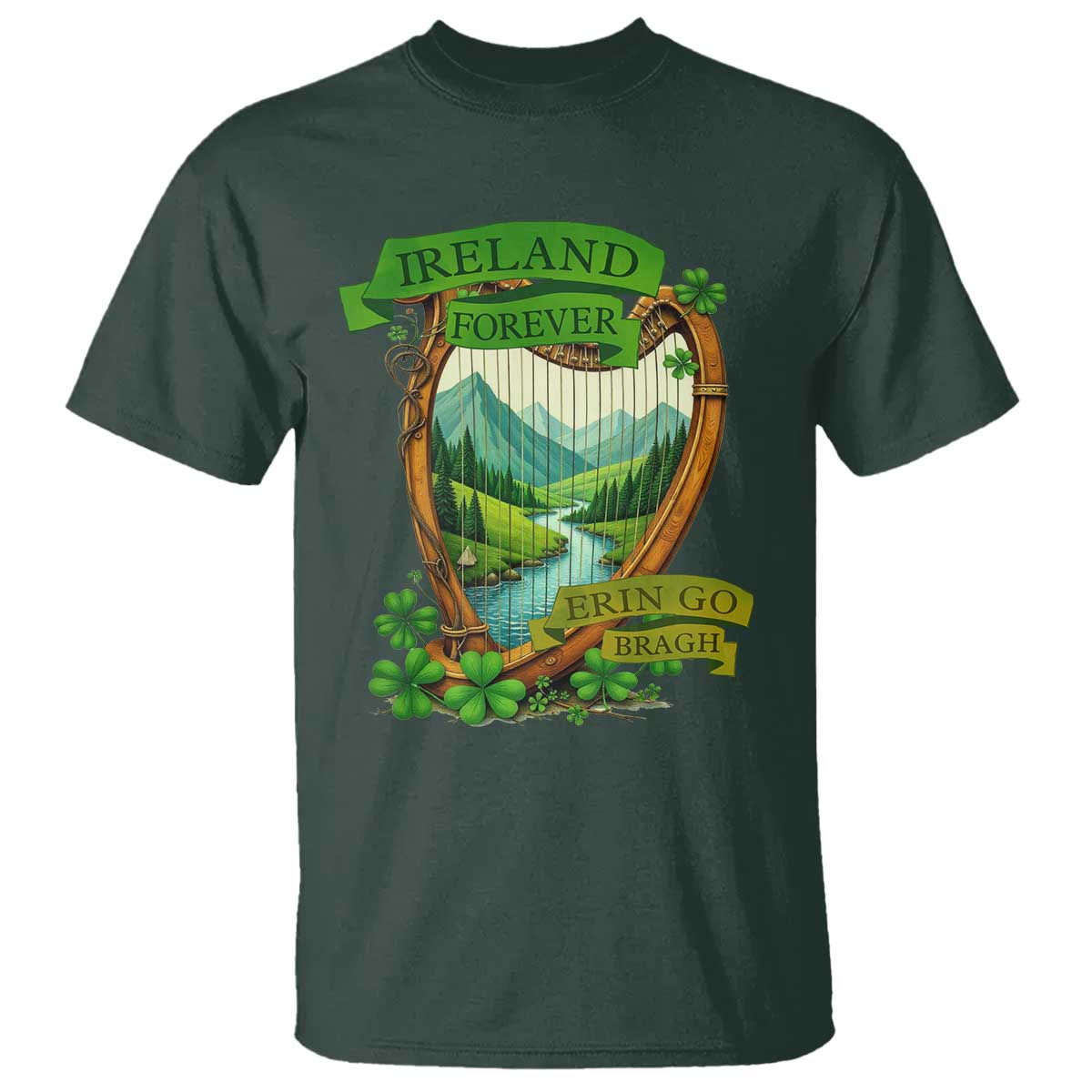 Irish Pride T Shirt Ireland Forever Erin Go Bragh Harp Shamrock TS11 Dark Forest Green Print Your Wear