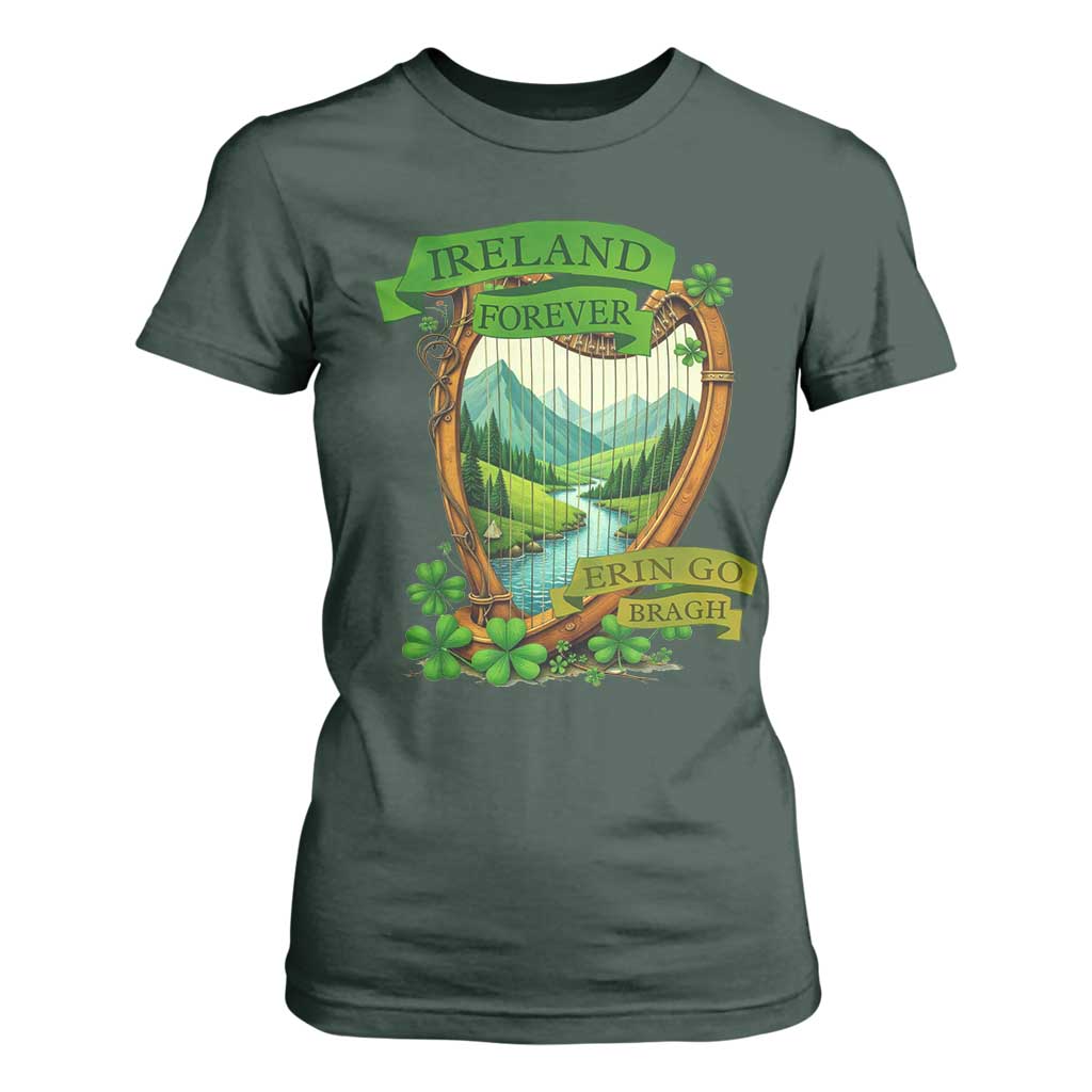Irish Pride T Shirt For Women Ireland Forever Erin Go Bragh Harp Shamrock TS11 Dark Forest Green Print Your Wear