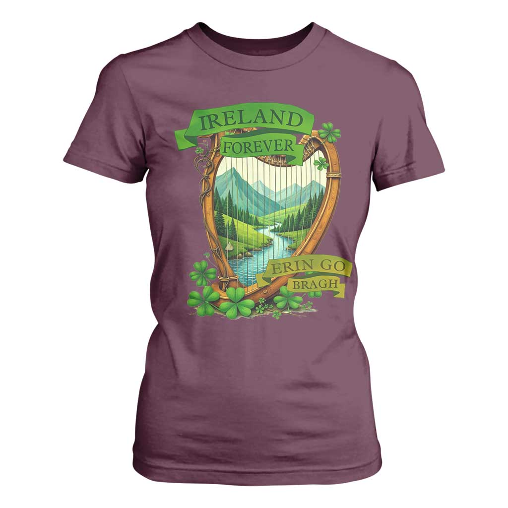 Irish Pride T Shirt For Women Ireland Forever Erin Go Bragh Harp Shamrock TS11 Maroon Print Your Wear