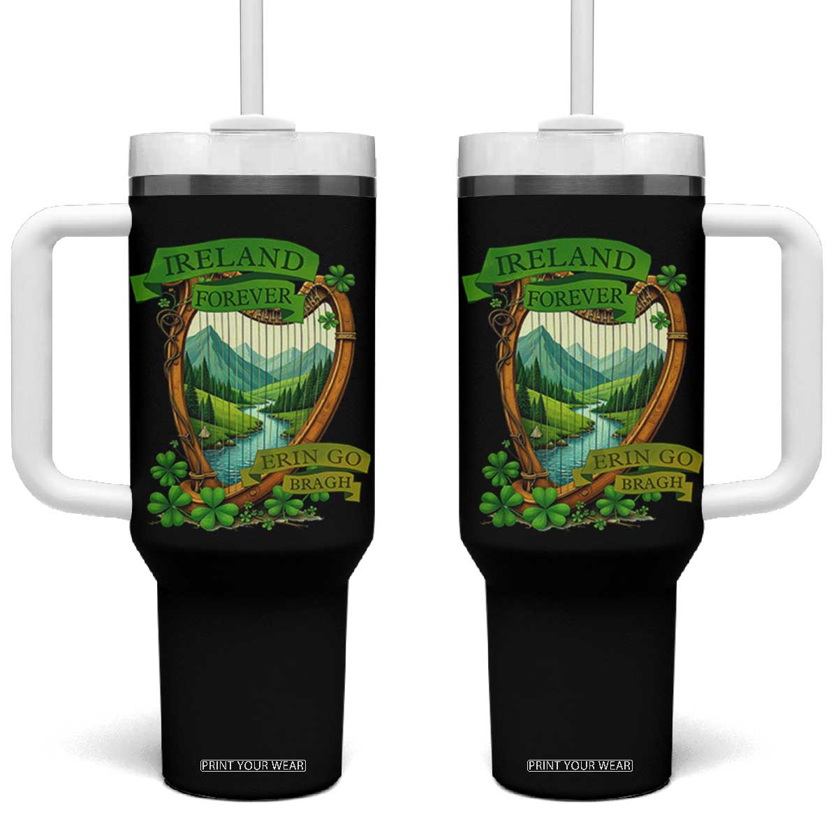 Irish Pride Tumbler With Handle Ireland Forever Erin Go Bragh Harp Shamrock TS11 One Size: 40 oz Black Print Your Wear